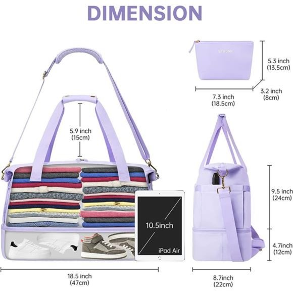 Gym Bag for Women Sports Travel Duffel w/ USB Charging Port Weekender Overnight - Picture 6 of 7